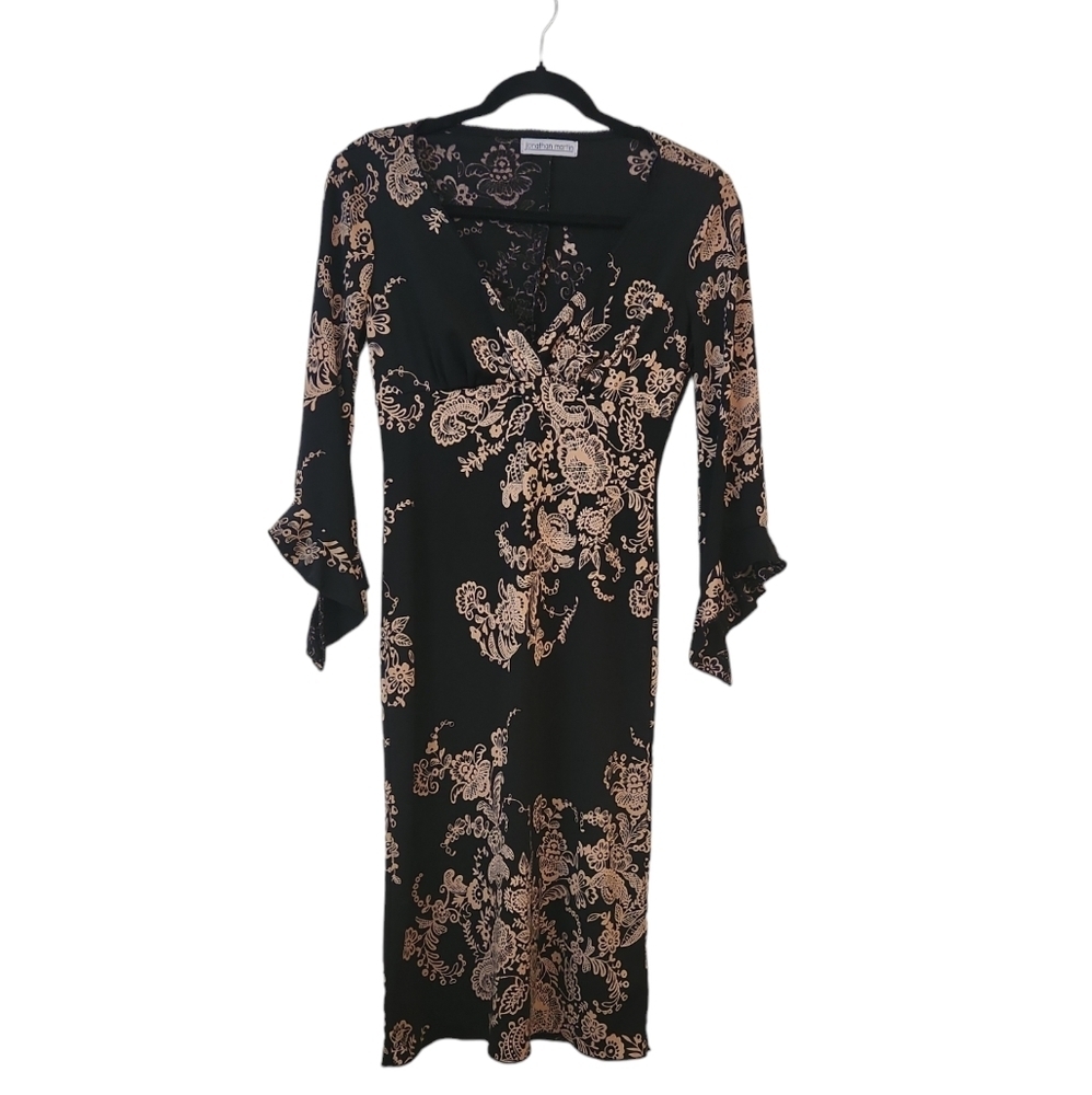 Jonathan Martin Black/Brown Floral Trumpt Sleeve Dark Romantic Dress Size XS-S